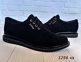 Жіночі чорні замшеві шкіряні туфлі на шнурках. Розміри 36 — 41