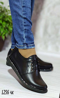 Жіночі чорні шкіряні туфлі демісезонні на шнурках. Розміри 36 — 41