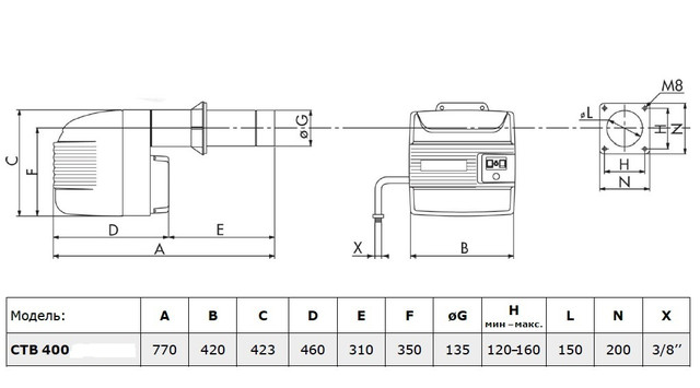 Габаритные размеры Горелки на отработке MTM CTB-400 Фото