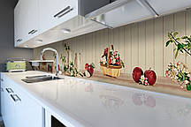 Кухонний фартух Яблука і Квіти вишні (вінілова плівка наклейка скіналі ПВХ) дошки 3Д Бежевий 60х200 см