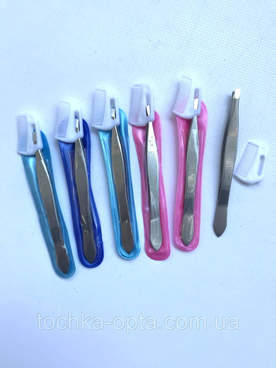 Пінцет для брів із гребінцем 12 штук в пакованні, фото 1