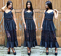 Модный летний сарафан в пол с рюшами на тонких бретелях