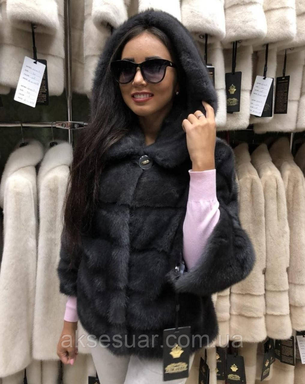 Шубка з натурального хутра норки, з капюшоном, колір графіт, фото 1