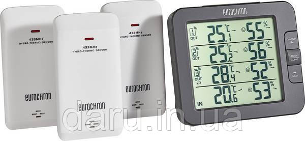 Бездротовий термо-гігрометр Eurochron EFTH-800 (-40 - +60 °C; 10 - 99 %) з 3 датчиками. Польща, фото 1