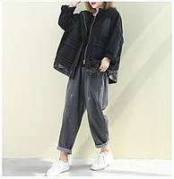 Джинсова стильна черна куртка з обробкою тканиною в квіти Max Lulu