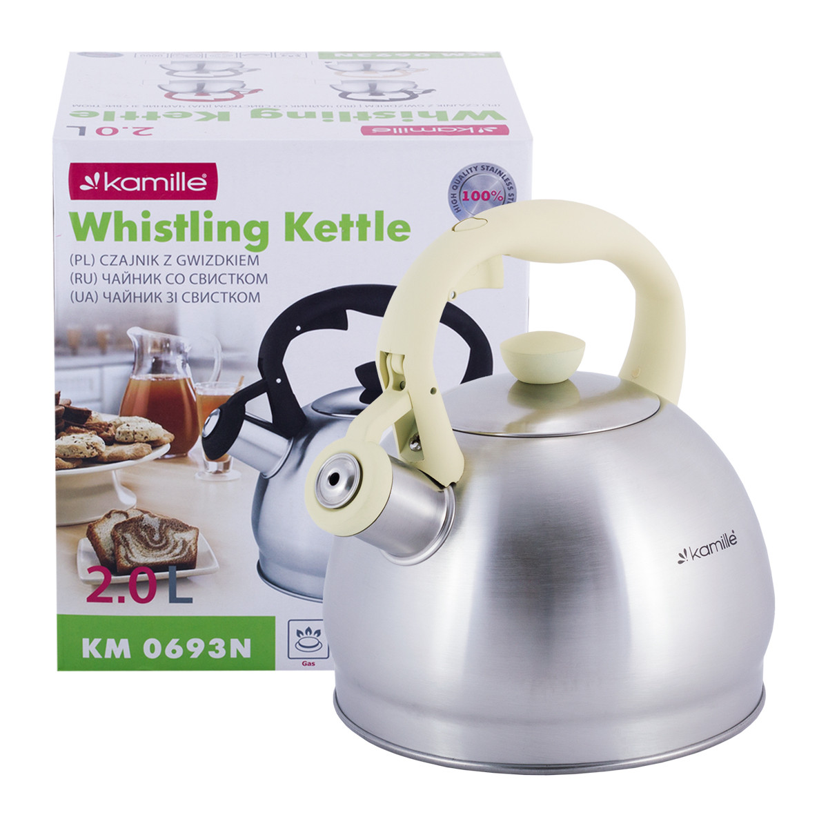 Чайник Kamille Жовтий 2л з нержавіючої сталі зі свистком KM-0693N, фото 1