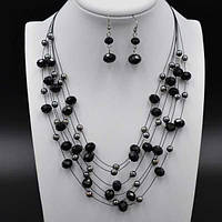 Комплект намистини та сережки чорні кришталеві намистини