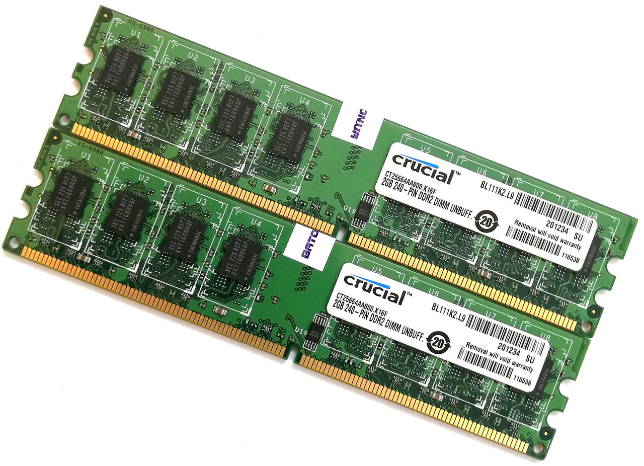 Пара оперативної пам'яті Crucial DDR2 4Gb (2Gb+2Gb) 800MHz PC2 6400U 2R8 CL6 (CT25664AA800.K16F) Б/В