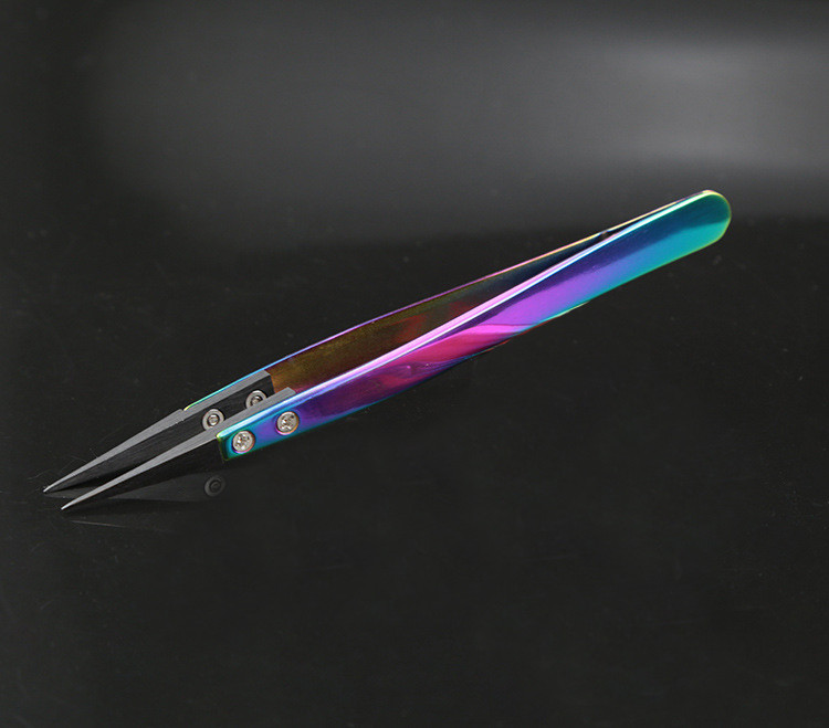 Пінцет прямий із керамічними чорними губками кольоровий, 130 мм