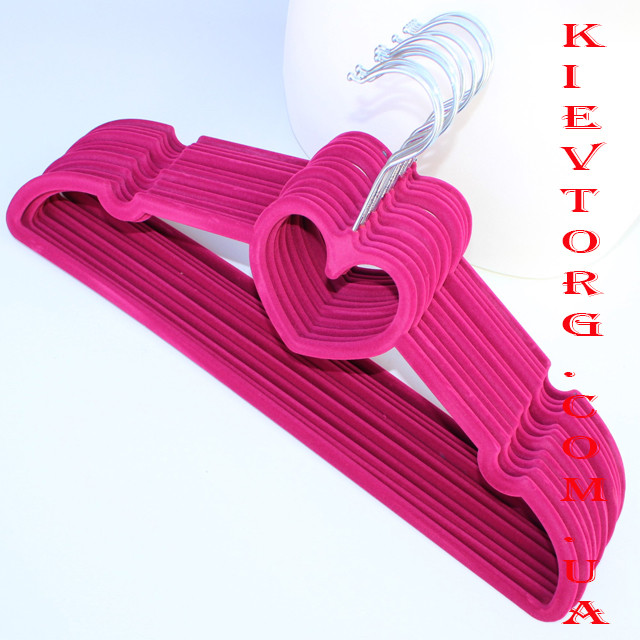 Плічка вішалки флоковані (оксамитові, велюрові) для жіночого верхнього одягу рожеві, 40 см, 5 шт