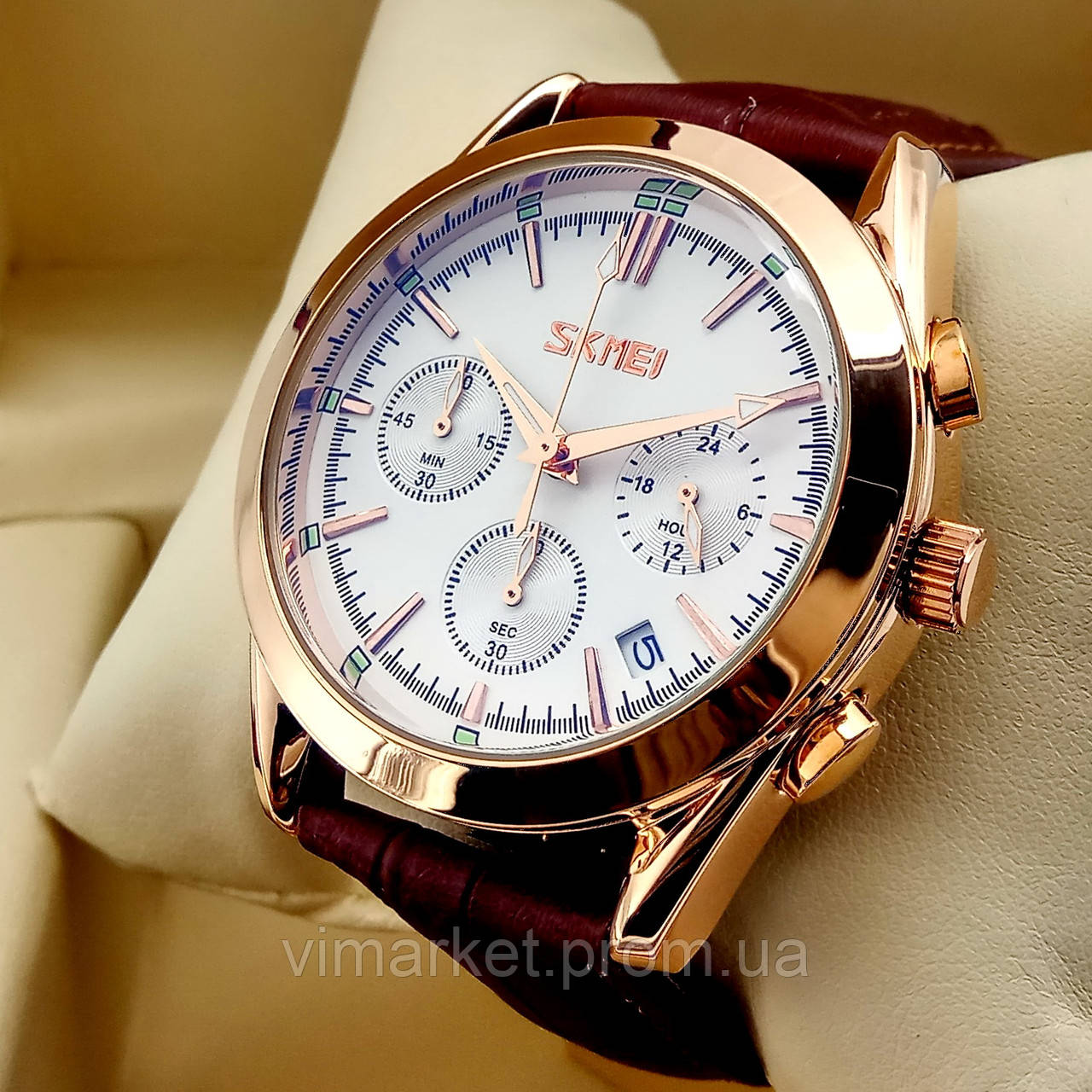 Водонепроникні оригінальні кварцові наручні годинники Skmei 9127 золото з білим циферблатом на шкіряному ремешк