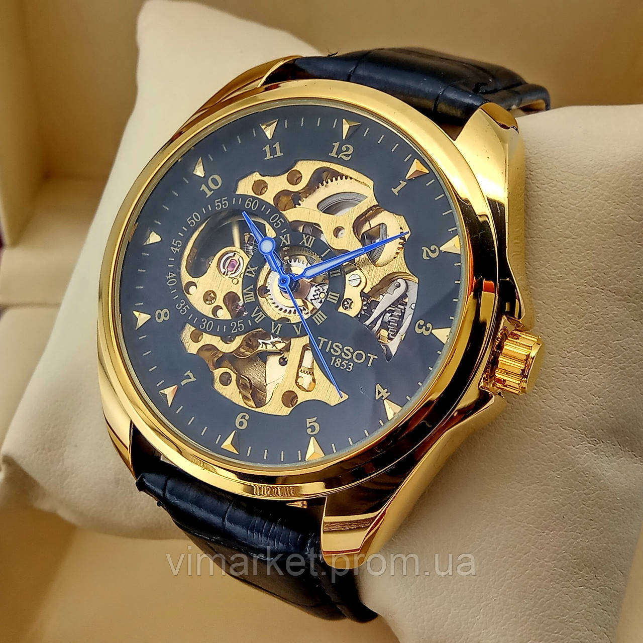 Механічні чоловічі наручні годинники скелетоны Tissot золотого кольору з автопідзаводом на шкіряному ремінці чорний