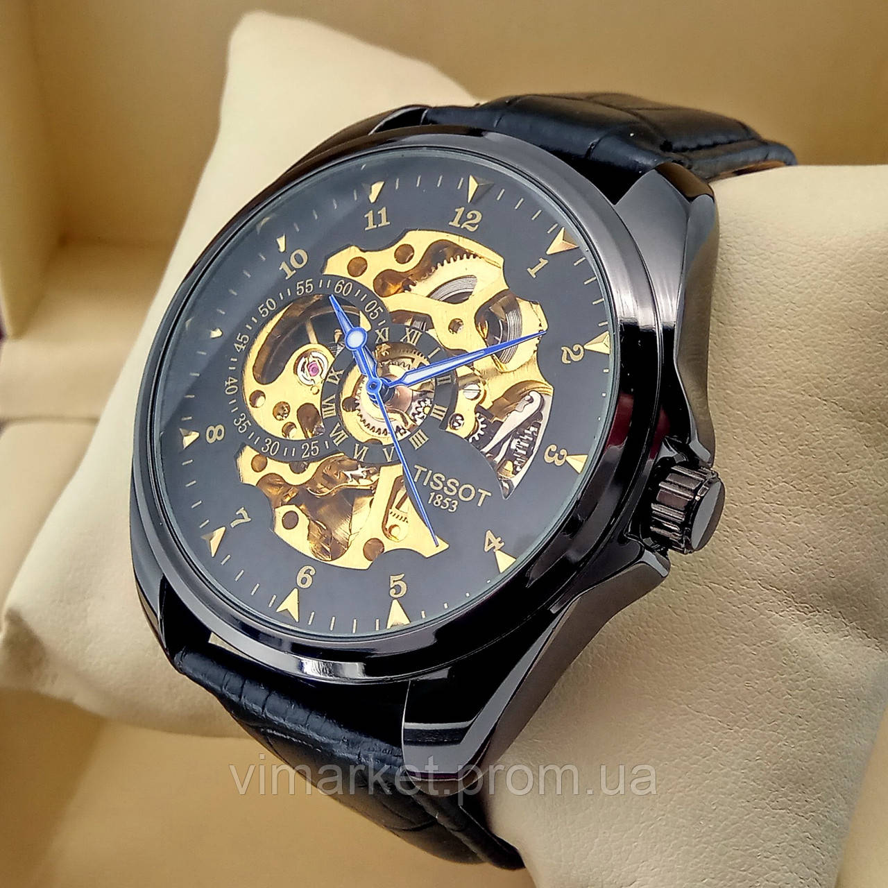 Механічні чоловічі наручні годинники скелетоны Tissot чорного кольору з автопідзаводом на шкіряному ремінці чорний
