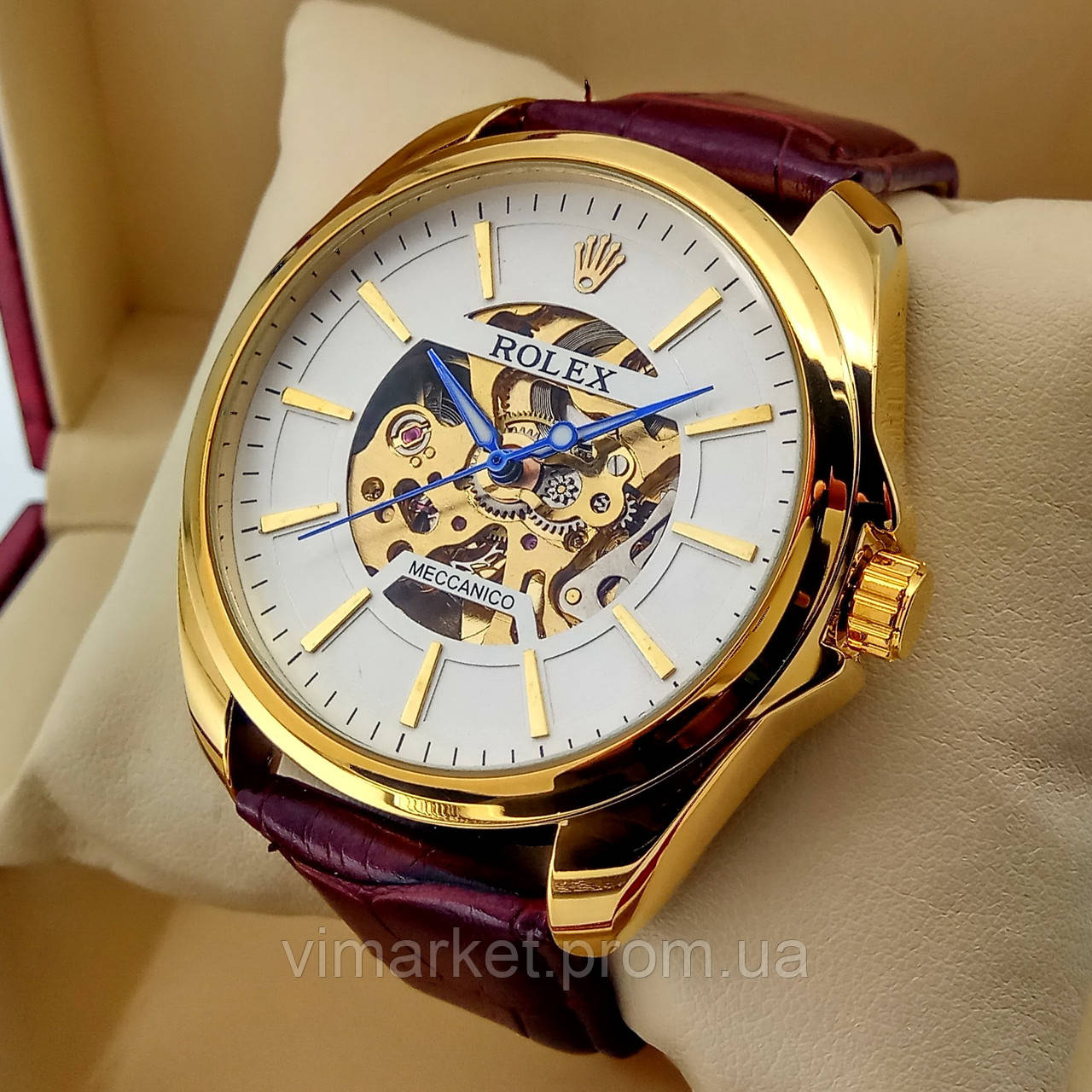 Механічні чоловічі наручні годинники скелетоны Rolex золотого кольору з автопідзаводом на шкіряному ремінці білий