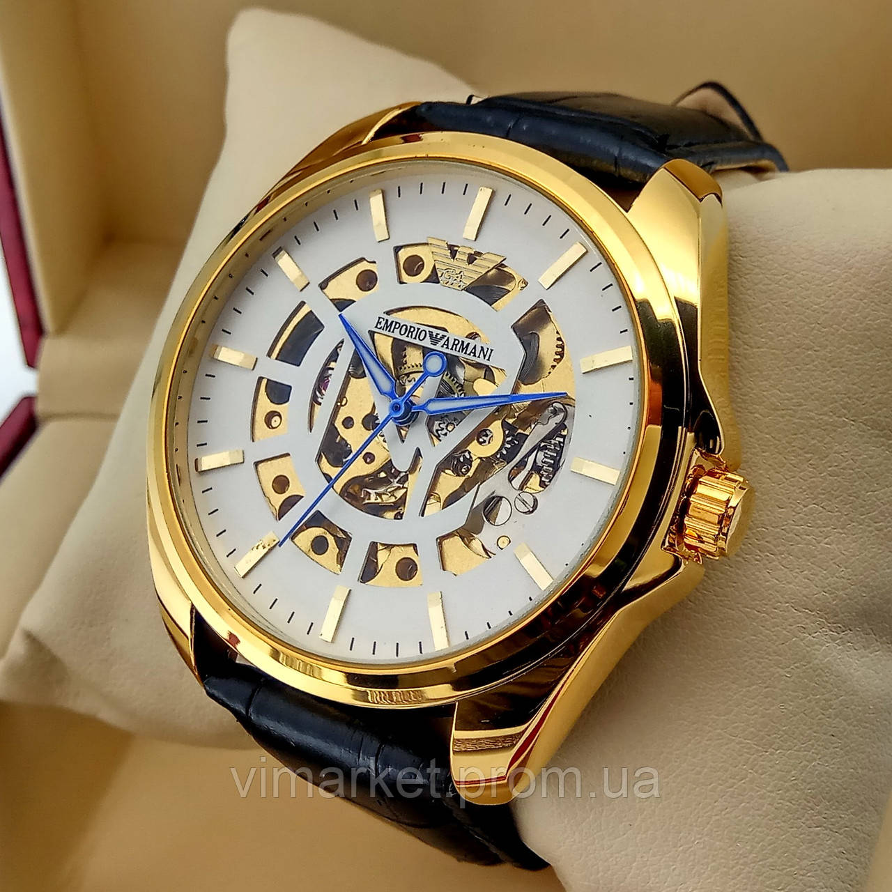 Механічні чоловічі наручні годинники скелетоны Emporio Armani золотого кольору з автопідзаводом на шкіряному реме