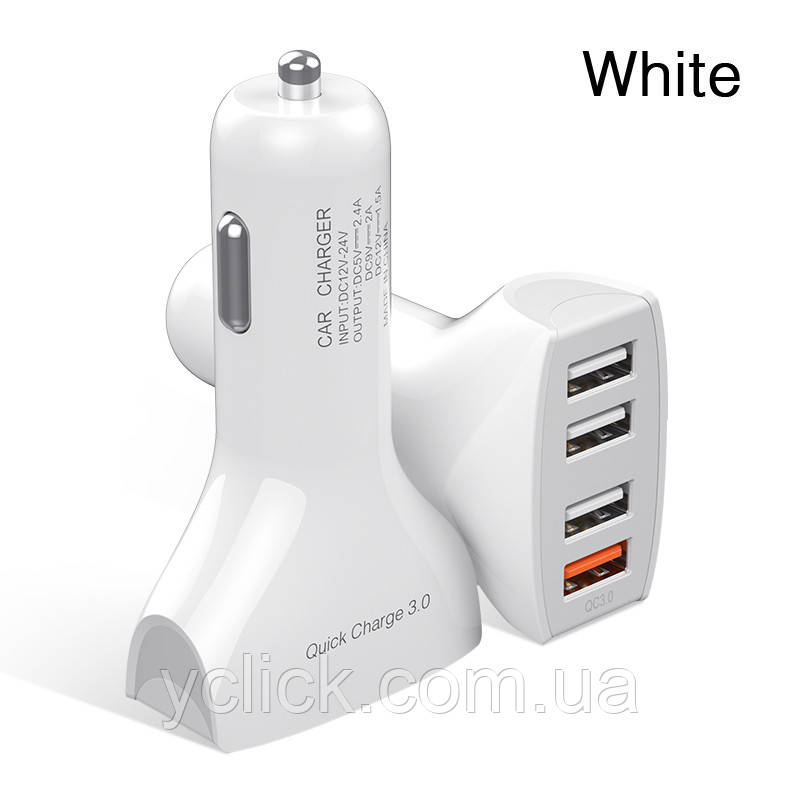 Автомобільний зарядний пристрій Quick Charge 3.0 USB 4 port YKZ FR5413 Білий. Заряджання в машину