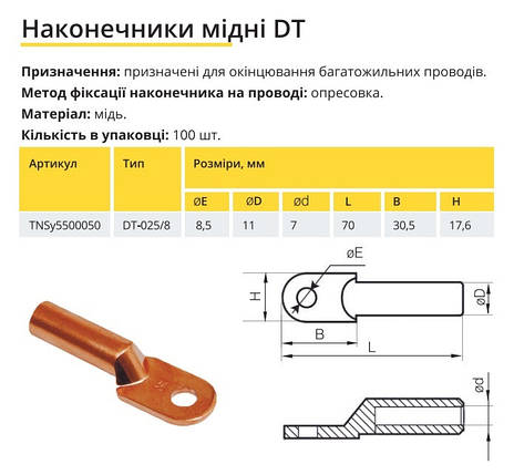 Наконечник мідний DT-25/8 Ny95500050, фото 2