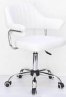 Крісло Jeff CH-Office з підлокітниками, білий шкірозамінник на хромованій базі-хрестовині з коліщатками, фото 5