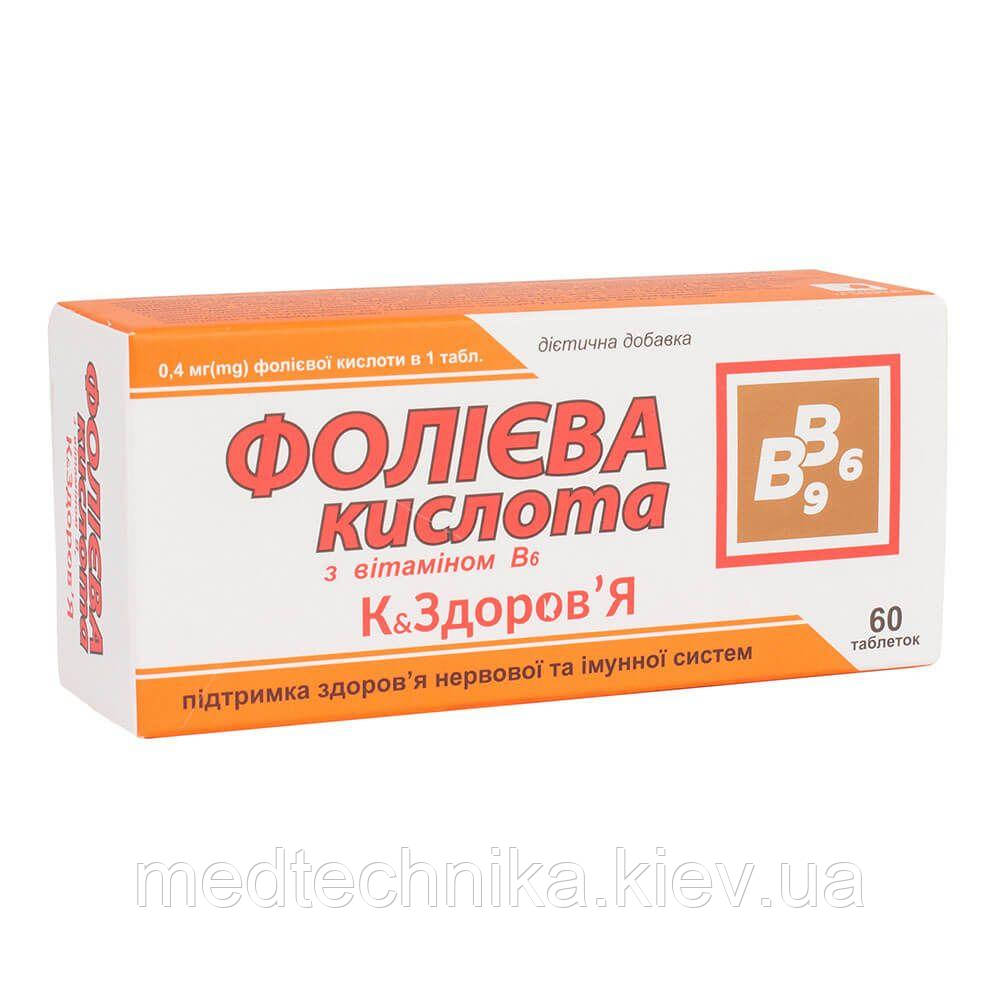 БАД "Фолієва кислота з вітаміном В6", К&Здоров'я, 0,4 мг, 60 таблеток, Красота та Здоров'я, фото 1
