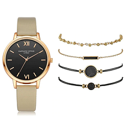 Жіночий кварцевий наручний годинник зі шкіряним ремінцем + 4 браслета Золотий
