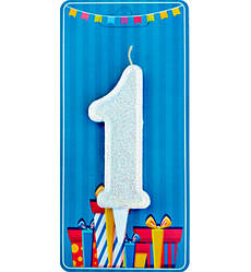 Свічки - цифри торт "1", висота - 7.5 см, Польща, колір - білий з блискітками