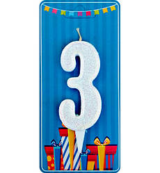 Свічки - цифри торт "3", висота - 7.5 см, Польща, колір - білий з блискітками