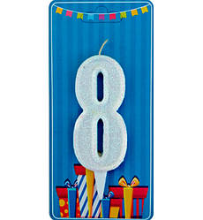 Свічки - цифри торт "8", висота - 7.5 см, Польща, колір - білий з блискітками