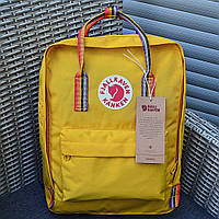 Городской рюкзак Канкен Fjallraven Kanken школьный Rainbow Yellow радужные ручки. Живое фото. Premium replic