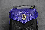 Шкіряний ультрамариново-чорний рюкзак ручної роботи, сумка-рюкзак з авторським тисненням, фото 4
