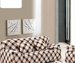 Чохли на 2-х місні дивани на резинці, чохол на диванчик двомісний HomyTex з малюнком Клітина коричнева