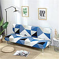 Готові чохли на дивани 3-х місцеві, стильні чохли на дивани без оборки HomyTex з малюнком Ромб синьо блакитний, фото 4