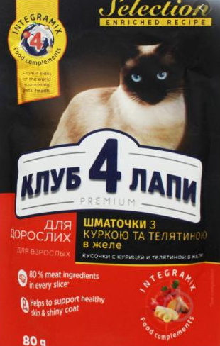 Корм пауч Клуб 4 Лапы PREMIUM Selection для кошек курица телятина в желе, 80 г