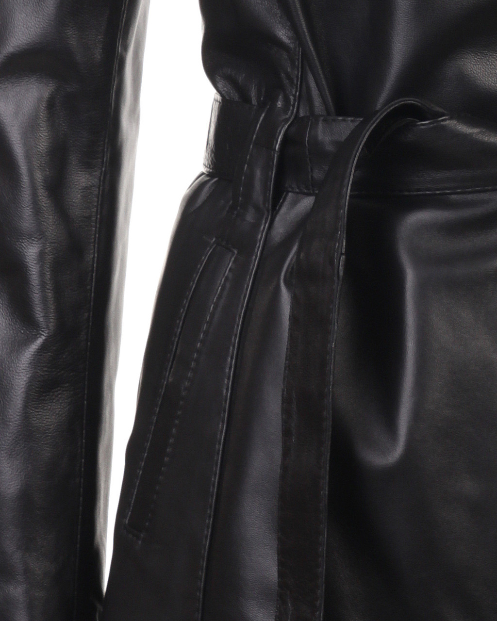 Длинная кожаная куртка VK черная под пояс (Арт. AST201) - фото 8 - id-p391907155