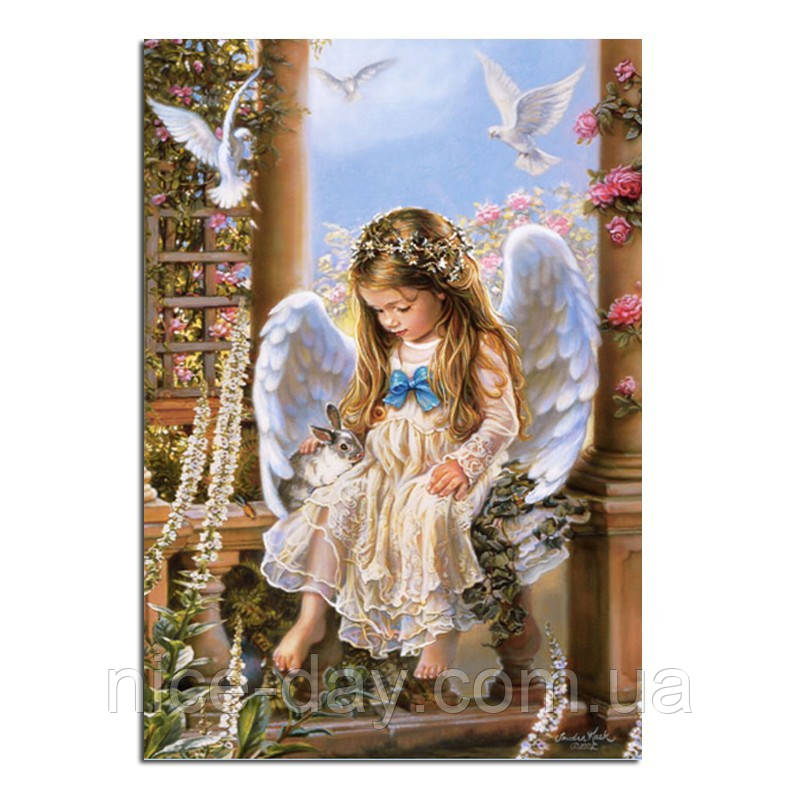Алмазна вишивка мозаїка "Дівчинка ангел" повна 40х50 см / Алмазна мозаїка Дівчинка з голубом