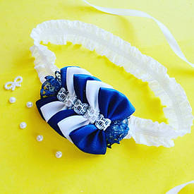 Дитяча пов'язка на голову з бантом (бантик білий з синім для волосся)