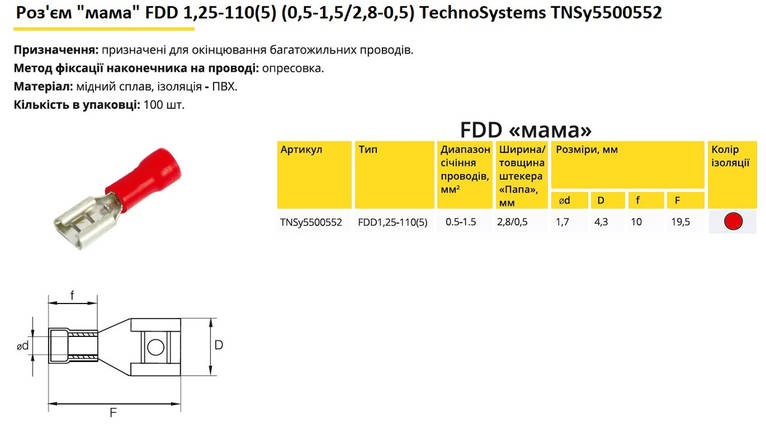 Роз'єм "мама" FDD1,25-110(5) (0,5-1,5/2,8-0,5) червоний Ny95500552, фото 2