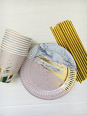 Набор бумажной посуды - тарелочки, стаканчики и трубочки "Pink&Gold" (на 10 персон)