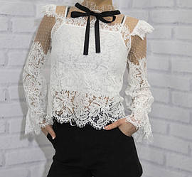 Блузка шкільна з довгим рукавом для дівчинки, мереживо із сіткою, всередині топ на тонкій бретелі