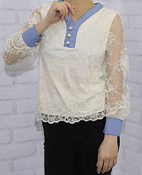 Блузка шкільна з довгим рукавом для дівчинки, мереживо з атласним оздобленням, на ґудзиках, Rong Rong