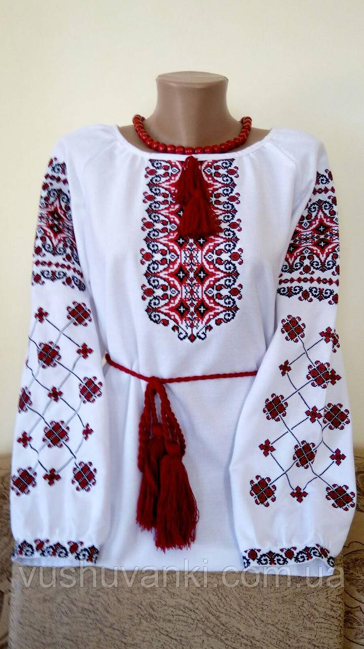 Біла Жіноча вишиванка  з червоним геометричним орнаментом "Два кольори червона