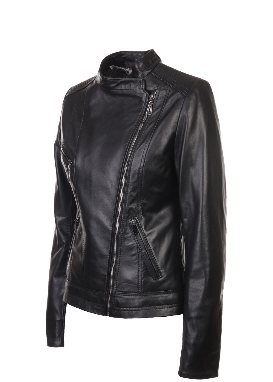 Кожаная куртка косуха VK черная короткая (Арт. OPT201) - фото 4 - id-p267419276