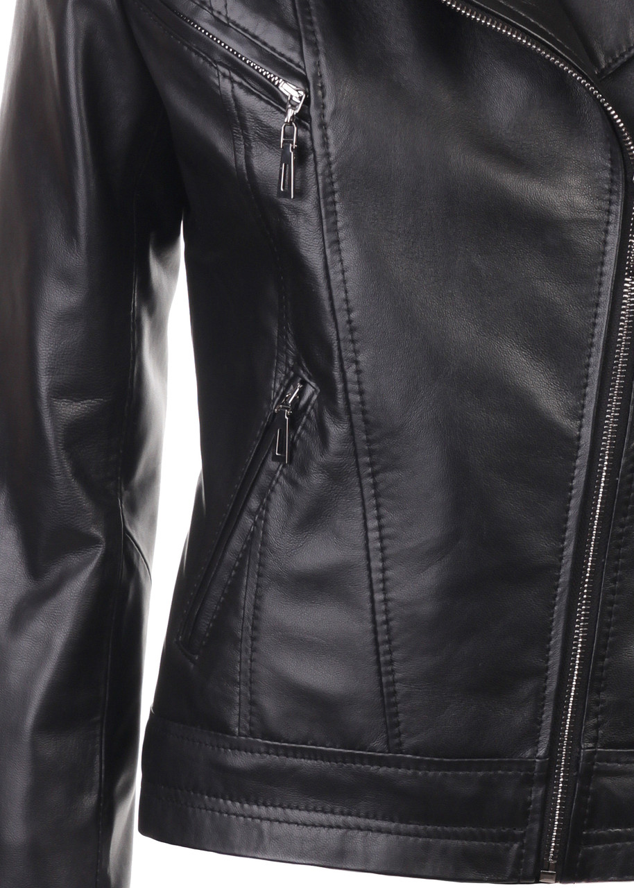 Кожаная куртка косуха VK черная короткая (Арт. OPT201) - фото 9 - id-p267419276