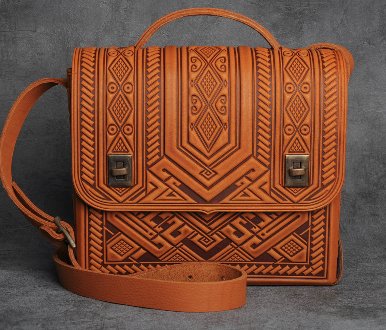 Шкіряна руда сумка‑портфель "Проект" ручної роботи, 26×23×8 см, фото 1