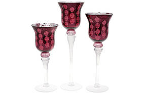 Набір (3 шт) скляних свічників (колір - винно-бордовий)