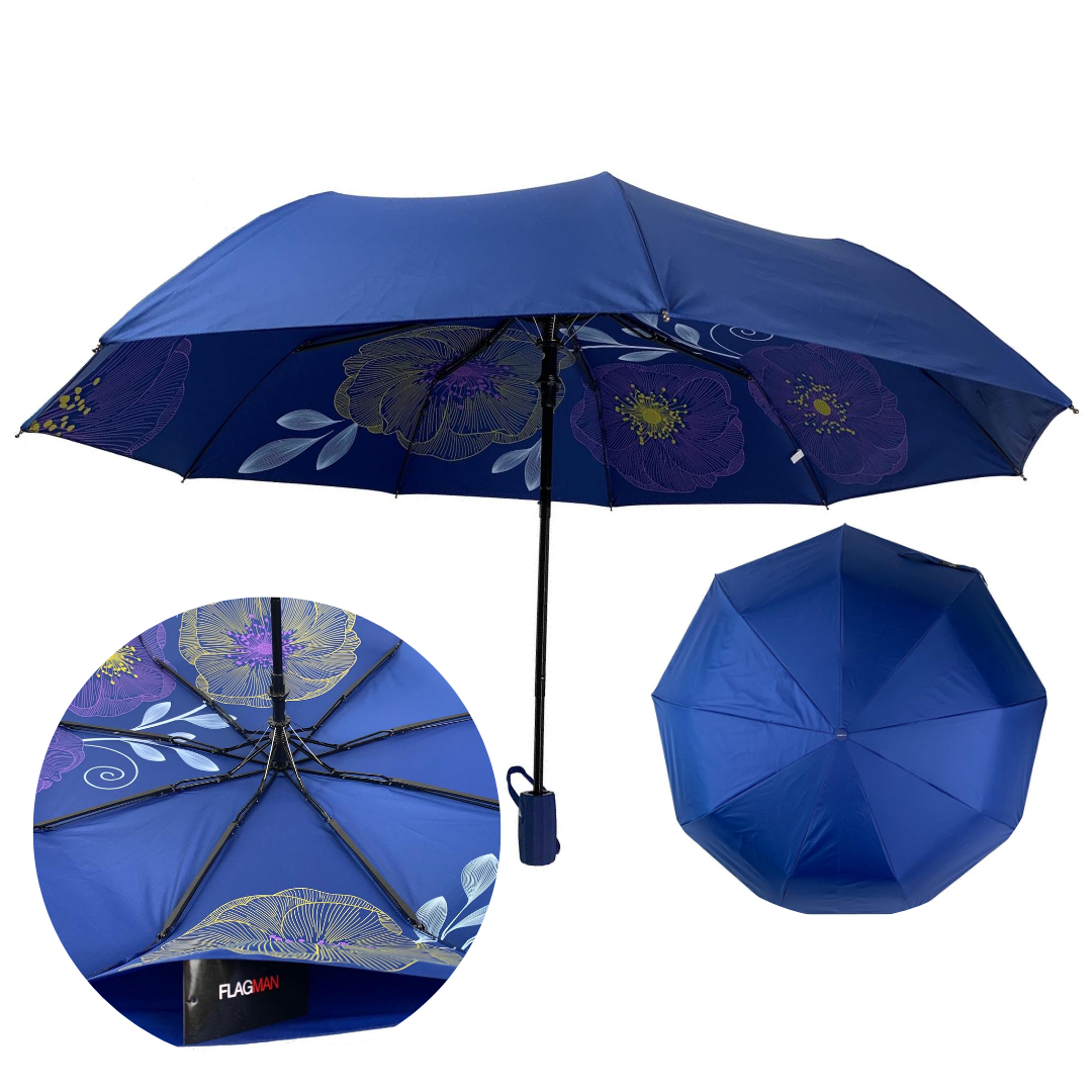 Жіноча складна парасоля напівавтомат з подвійною тканиною від Flagman з принтом квітів, синій, fl515-6, фото 1