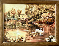 Большая картина из янтаря " Лебеди на пруду "
