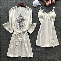 Комплект шелковый пеньюар и ночная рубашка белый размер 48