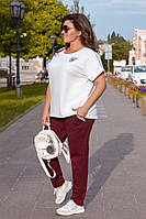 Летний стильный женский брючный батальный прогулочный костюм двойка: футболка + штаны (р.52-56). Арт-1255/76 бордовый