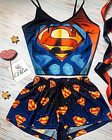 Пижама (шорты и майка) женская шелковая с принтом Super Girl синяя