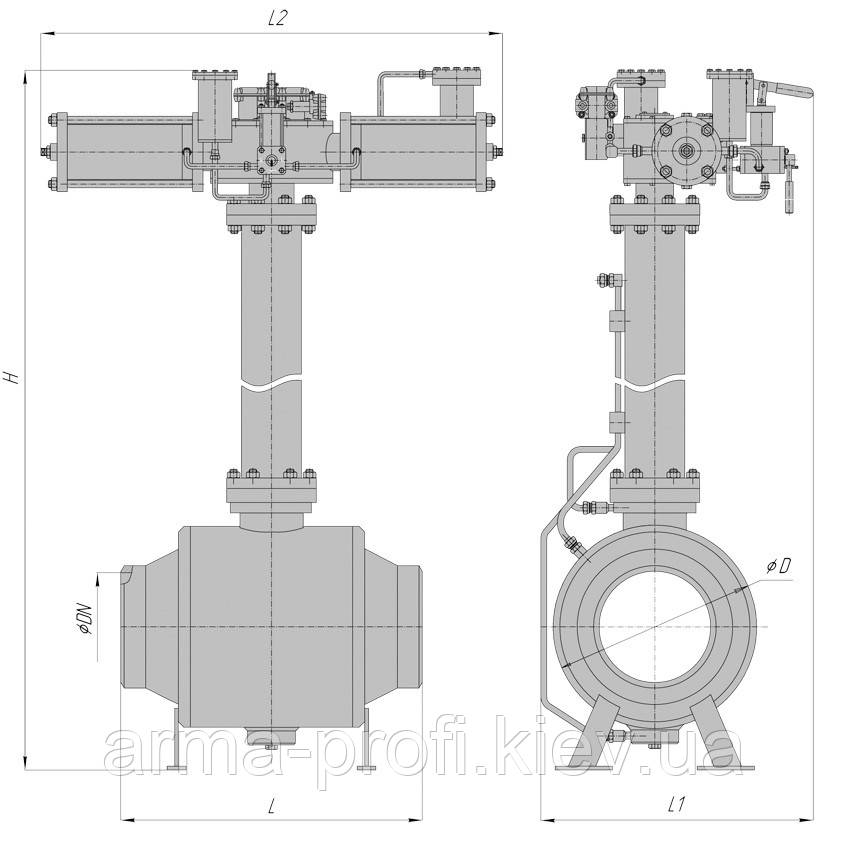 Кран кульовий підземний під приварення РN160 з пневмоприводом і блоком управління БУК DN 400